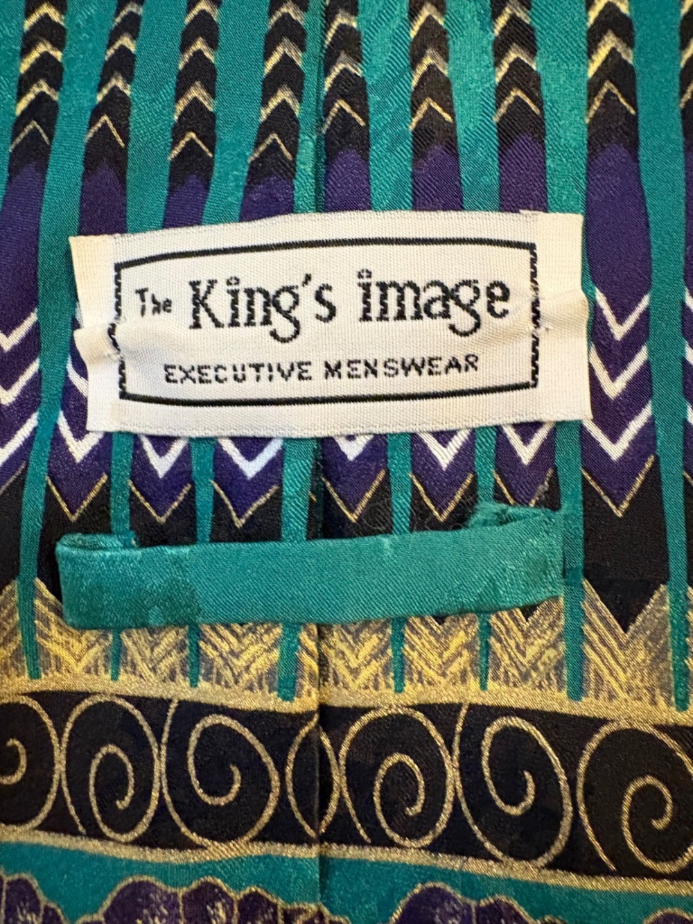 VTG The King's Image Teal Tribal Silk Tie Geometric Abstract Metallic Gold